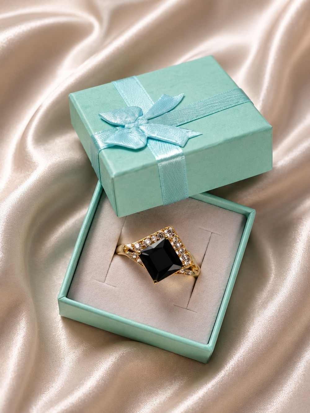 Gold-Plated Ring with Black Square Gem and Accent Crystals